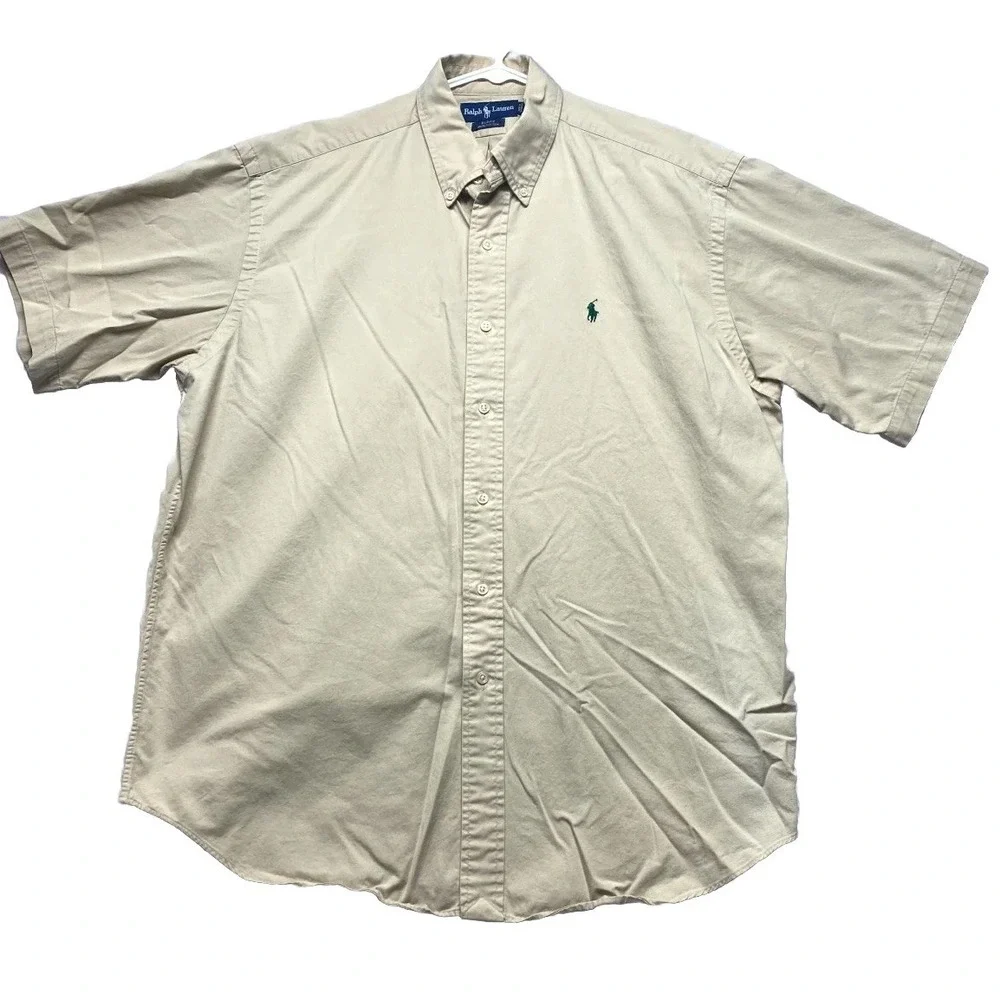 Ralph Lauren Blake Shirt Mens Large Tan Cotton Pony Pleated Back Button Down